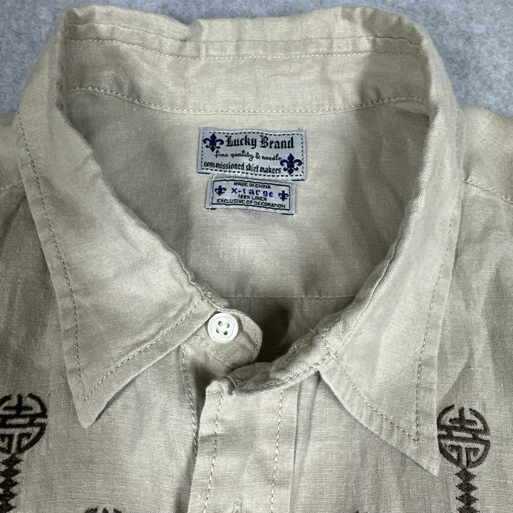 Lucky Brand Guayabera Embroidered Linen Button Up Shirt Men's XL Beige